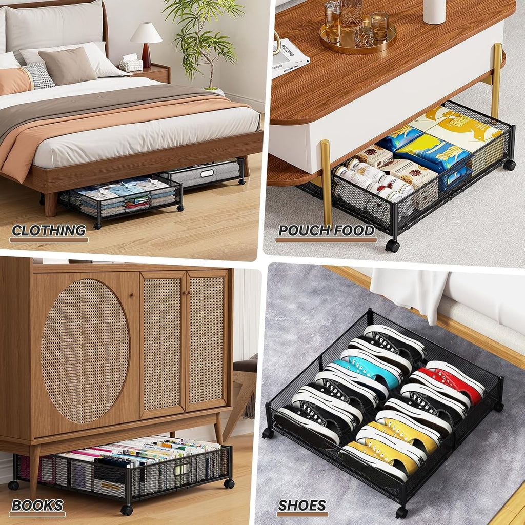 Under Bed Storage Containers with Wheels - Shoe Storage Organizer Drawer Tool-free Assembly Metal Underbed Storage for Bedroom Clothes Shoes Blankets - 2Pack
