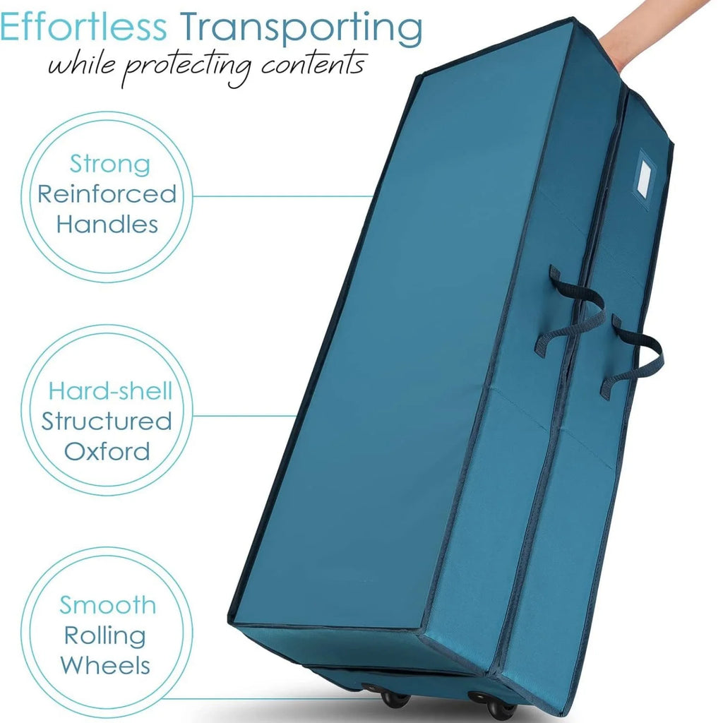 Wrapping Paper Storage Container with Ribbon Dispenser and Interior Pockets - Large Christmas Storage Containers with Wheels Fits 30 Rolls of 40" Length Blue