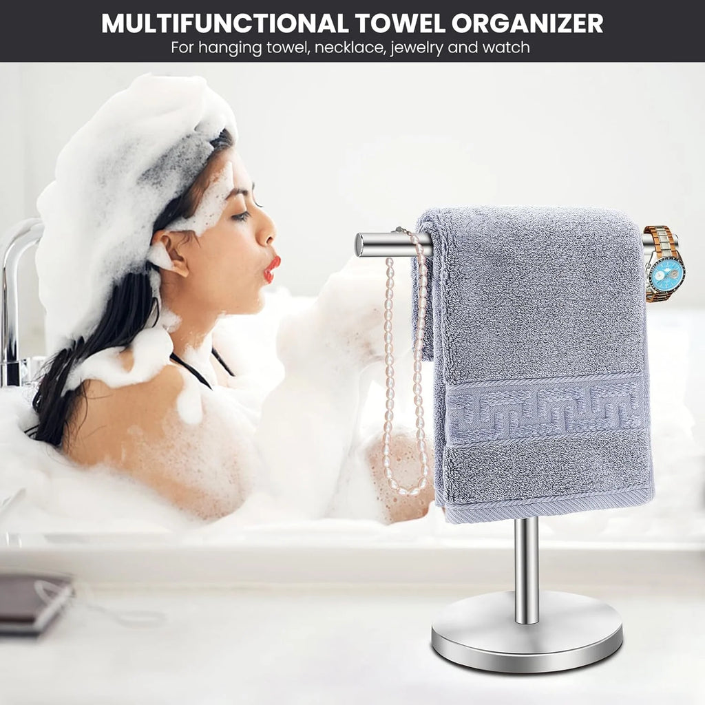 T-Shape Bath Hand Towel Holder Stand Stainless Steel Free Standing Hand Towel Rack with Heavy Base for Bathroom Kitchen &amp; Countertop Matte Black