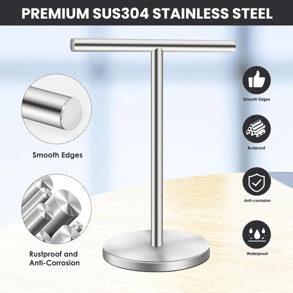 T-Shape Bath Hand Towel Holder Stand Stainless Steel Free Standing Hand Towel Rack with Heavy Base for Bathroom Kitchen &amp; Countertop Matte Black