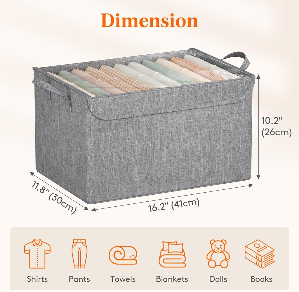 Fabric Storage Boxes 6 Pcs Stackable Storage Bins with Clear Lids Foldable Oxford Cloth Cube Closet Organizer Baskets Clothes Containers for Towels Blankets Books Light Grey-Large