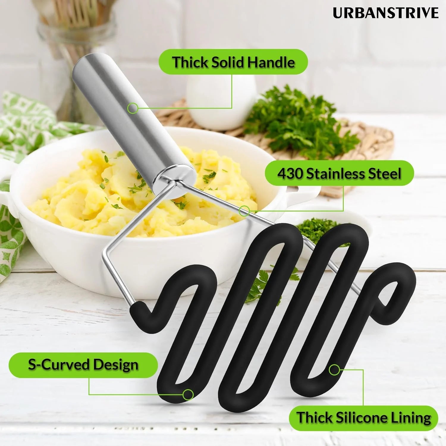 Non-Scratch Silicone Potato Masher Kitchen Tool Potatoes Masher Potato Masher Stainless Steel Wrapped In Premium Silicone Potato Smasher Black