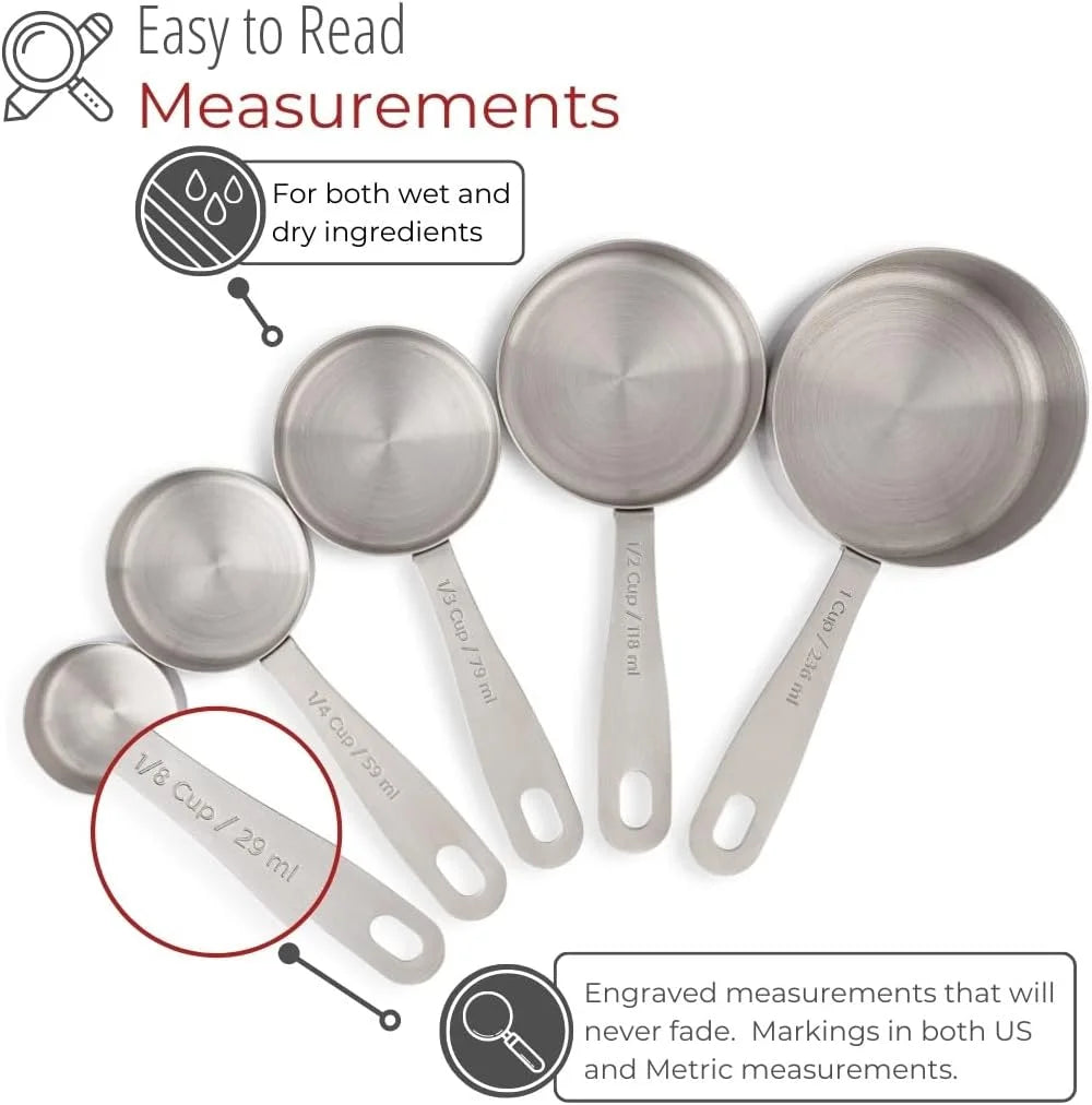 Stainless Steel Measuring Cups Heavy-Duty 5-Piece Set with Storage Ring – Kitchen Measuring Tools