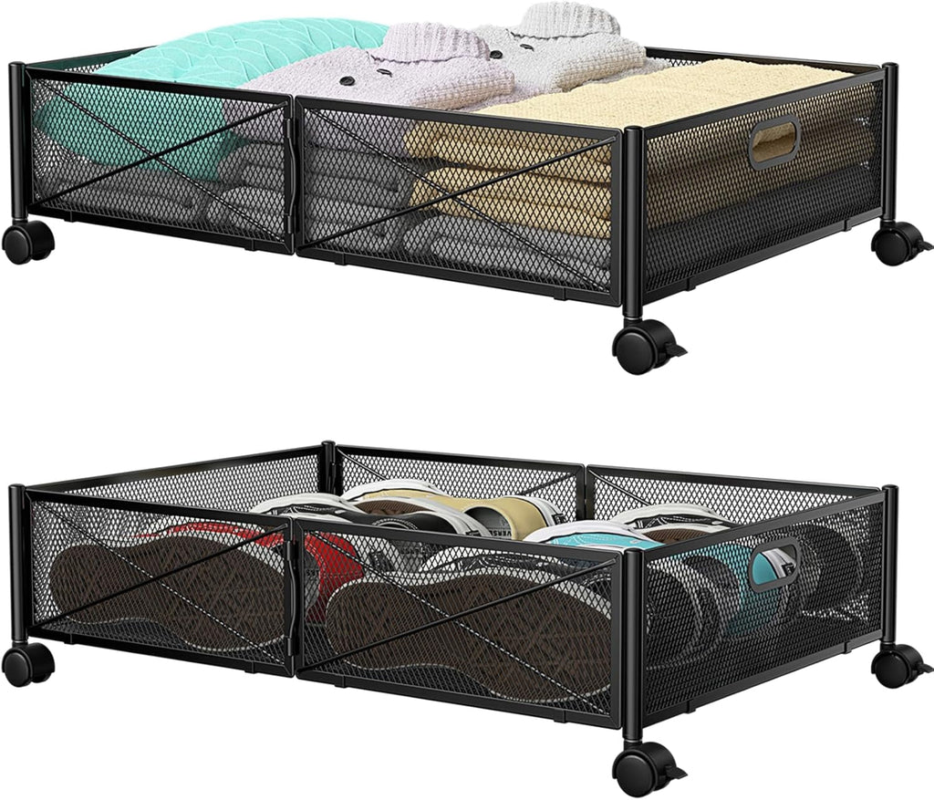 Under Bed Storage Containers with Wheels - Shoe Storage Organizer Drawer Tool-free Assembly Metal Underbed Storage for Bedroom Clothes Shoes Blankets - 2Pack