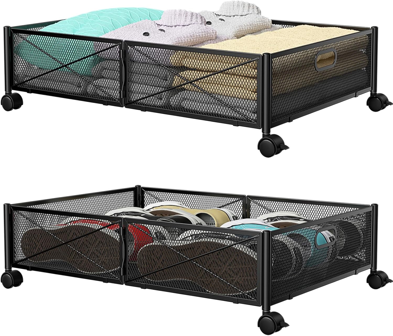Under Bed Storage Containers with Wheels - Shoe Storage Organizer Drawer Tool-free Assembly Metal Underbed Storage for Bedroom Clothes Shoes Blankets - 2Pack