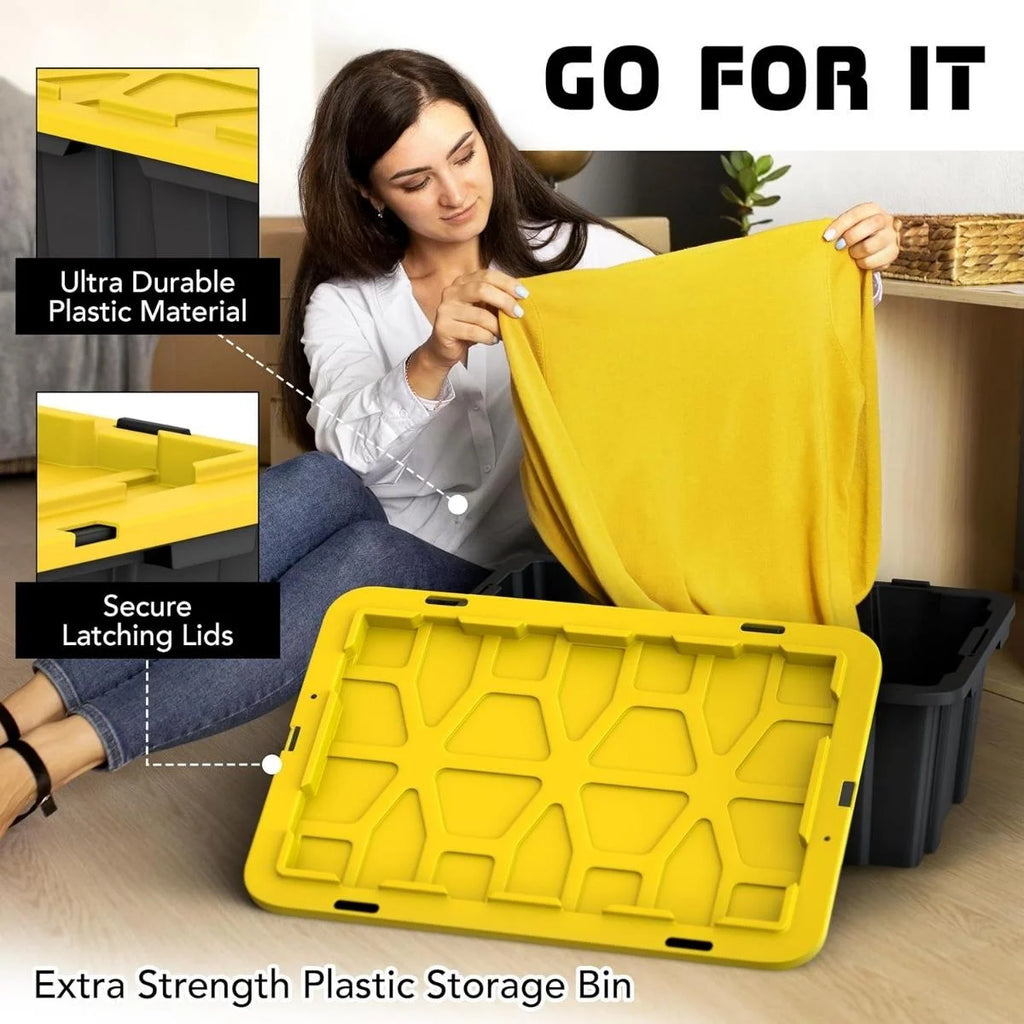8 PACK of Medium 12 Gallon Plastic Storage Bin Tote Organizing Container with Ultra Durable Secure Latching Lids Stackable Extra Strength Clear with Built in Handle - Black and Yellow