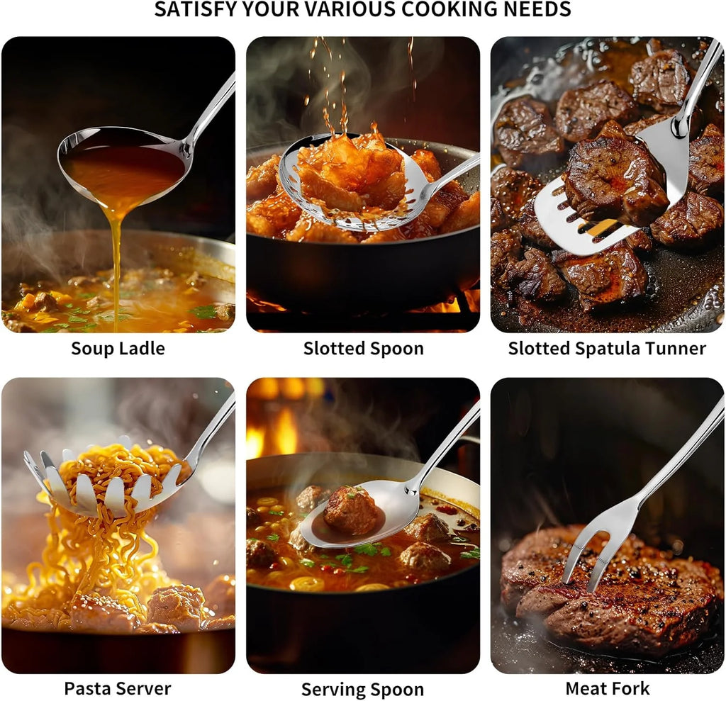 304 Stainless Steel Kitchen Utensils Set 6 Pcs Long Metal Cooking Utensil with Spatula Solid Spoon Ladle Skimmer Spaghetti Spoon Meat Fork Dishwasher Safe