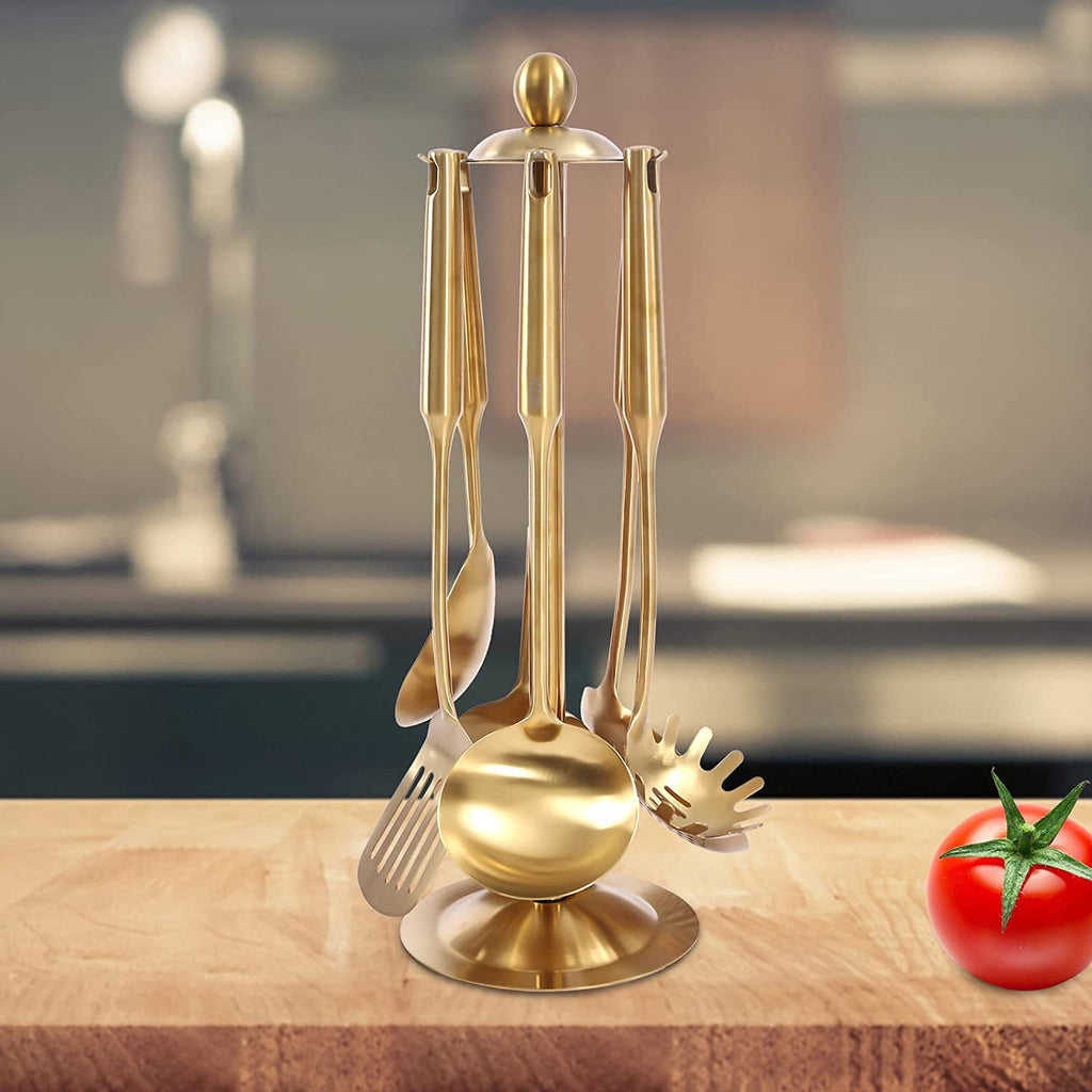 7pcs/ Set Gold Cooking Utensils Healthy Kitchen Tool with Holder Stainless Steel