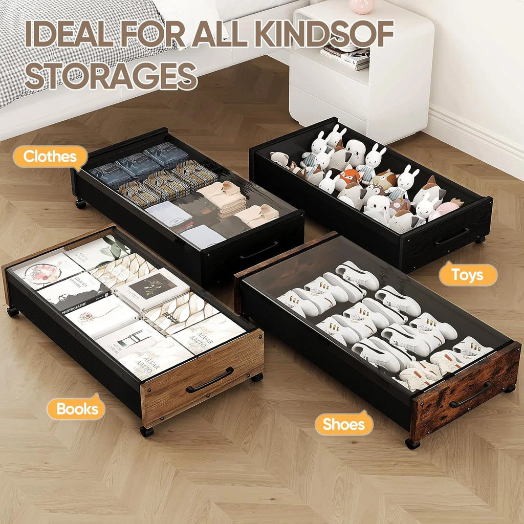 Wooden Under Bed Storage with Wheels Rolling Under the Bed Storage Bins with Removable Lid Metal Under Bed Drawers for Clothes and Shoes in Bedroom or Living Room(Black Wood-2pack)