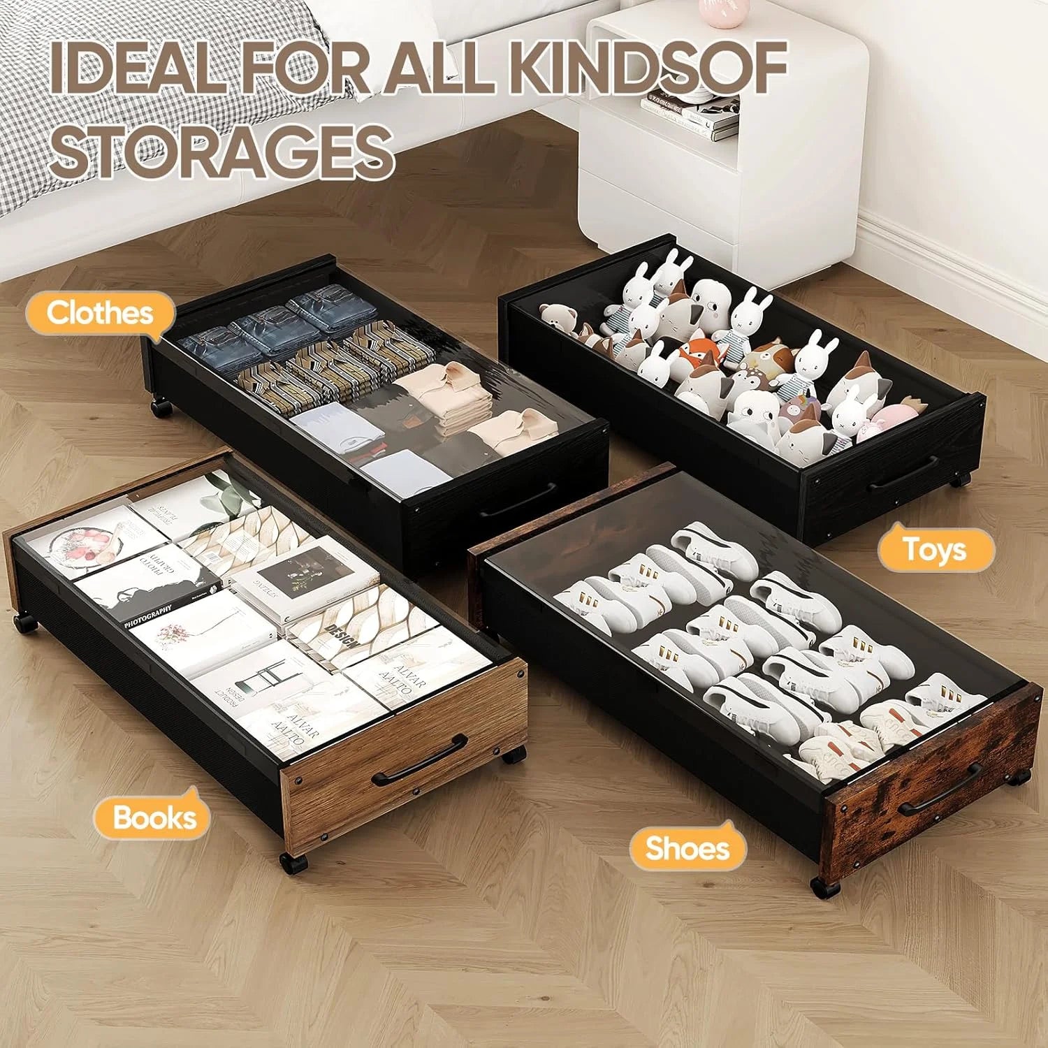 Wooden Under Bed Storage with Wheels Rolling Under the Bed Storage Bins with Removable Lid Metal Under Bed Drawers for Clothes and Shoes in Bedroom or Living Room(Black Wood-2pack)