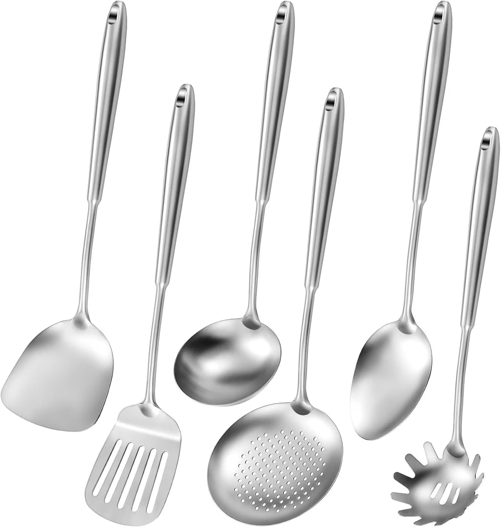 304 Stainless Steel Cooking Utensils,6 Pcs Kitchen Cooking Utensils Set with Spatula Solid Spoon Ladle Skimmer Spaghetti Spoon,Dishwasher Safe