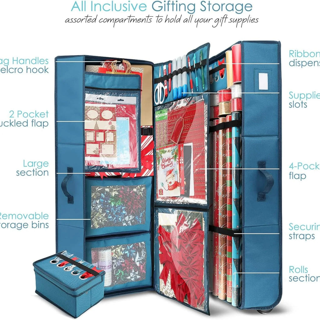Wrapping Paper Storage Container with Ribbon Dispenser and Interior Pockets - Large Christmas Storage Containers with Wheels Fits 30 Rolls of 40" Length Blue