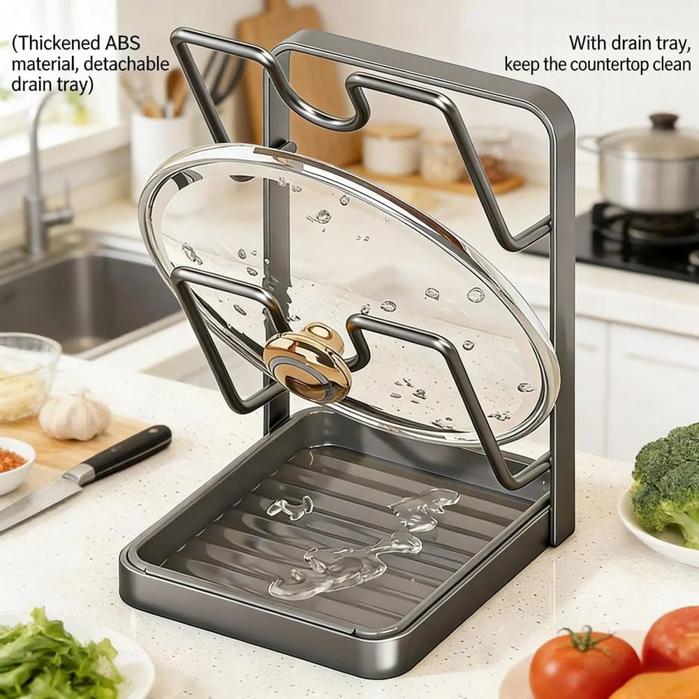 Kitchen Pot Lid Storage Rack Stainless Steel Pot Lid Holder While Cooking &amp; Spoon Rest Multifunctional Pot Lid Organizer with Removable Drip Tray for Countertop Space-Saving Lid Rack