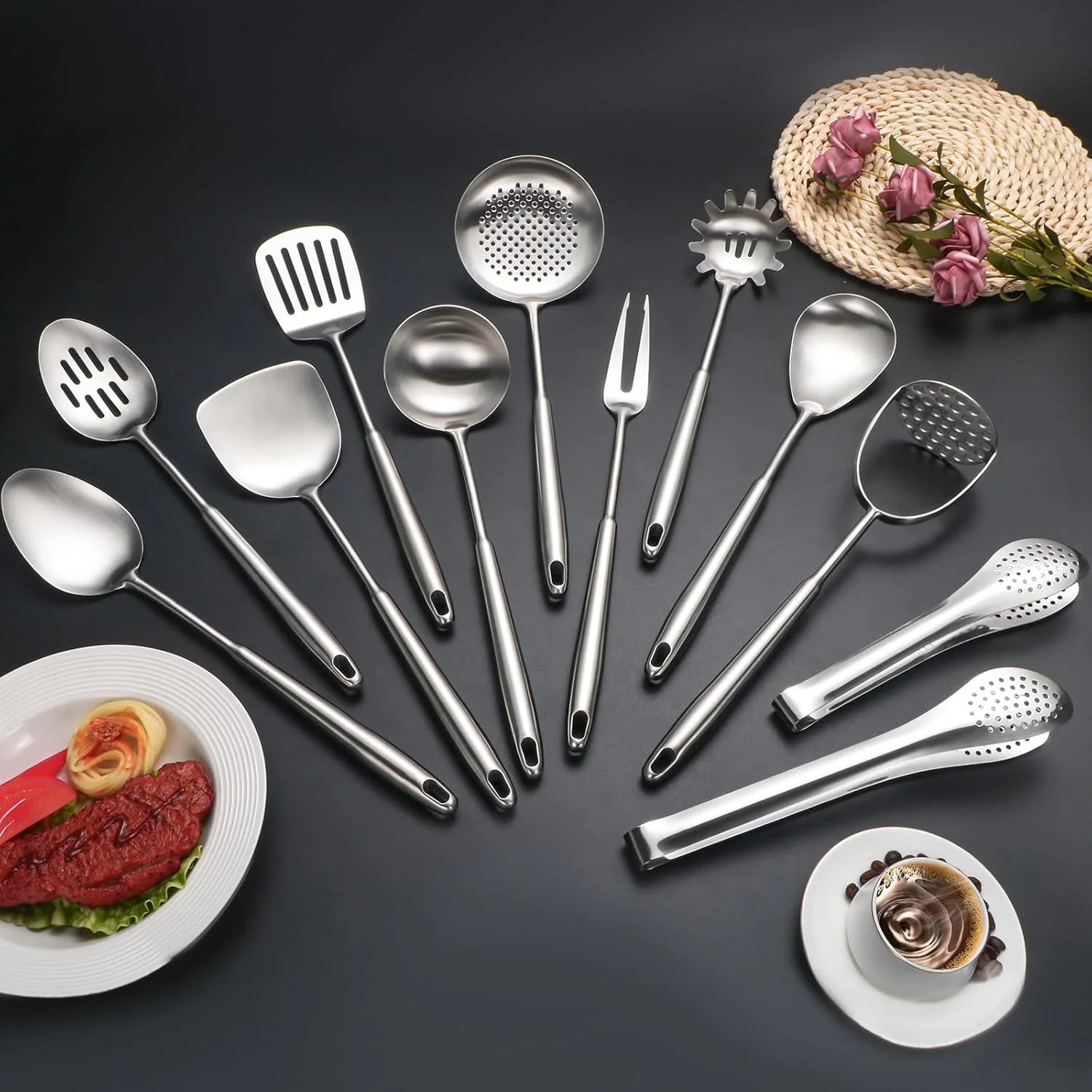 304 Stainless Steel Cooking Utensils,6 Pcs Kitchen Cooking Utensils Set with Spatula Solid Spoon Ladle Skimmer Spaghetti Spoon,Dishwasher Safe(Black)