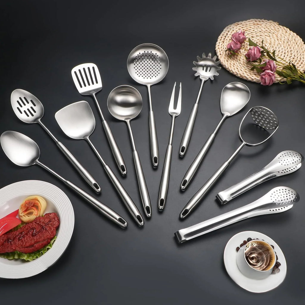 304 Stainlss Steel Kitchen Utensils Set 12 Pcs Long Metal Cooking Utensil Gadgets Tools Set with Spatula Ladle Spoon Ladle Skimmer Tunner Pasta Server Tongs(Silver Dishwasher Safe)
