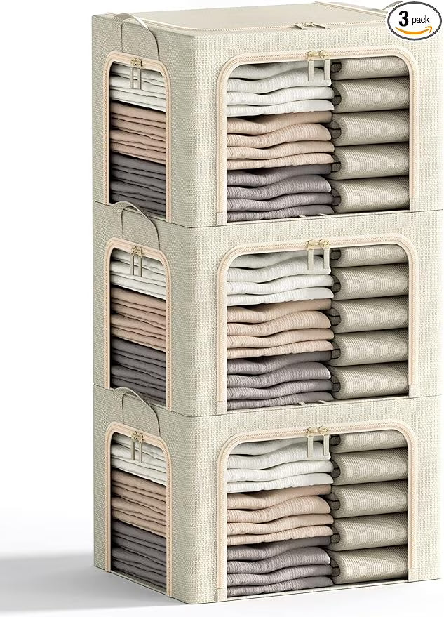 3 Openings Clothes Storage Bins with Metal Frame Foldable Storage Bin for Clothes Clothing Storage Bins with Lid Linen Storage Box With Clear Window＆ Zippers＆ Durable Handles.(3 Pcs,Beige,40L)