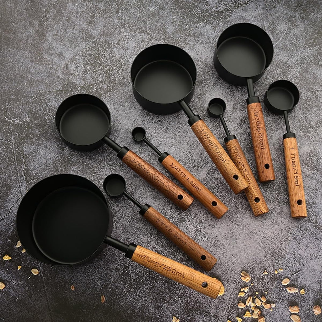 8 pieces Golden Measuring Cups Set and Measuring Spoons Set with Scale Wooden Handle Stainless Steel Dry &amp; Liquid Measuring Cup for Cooking Baking