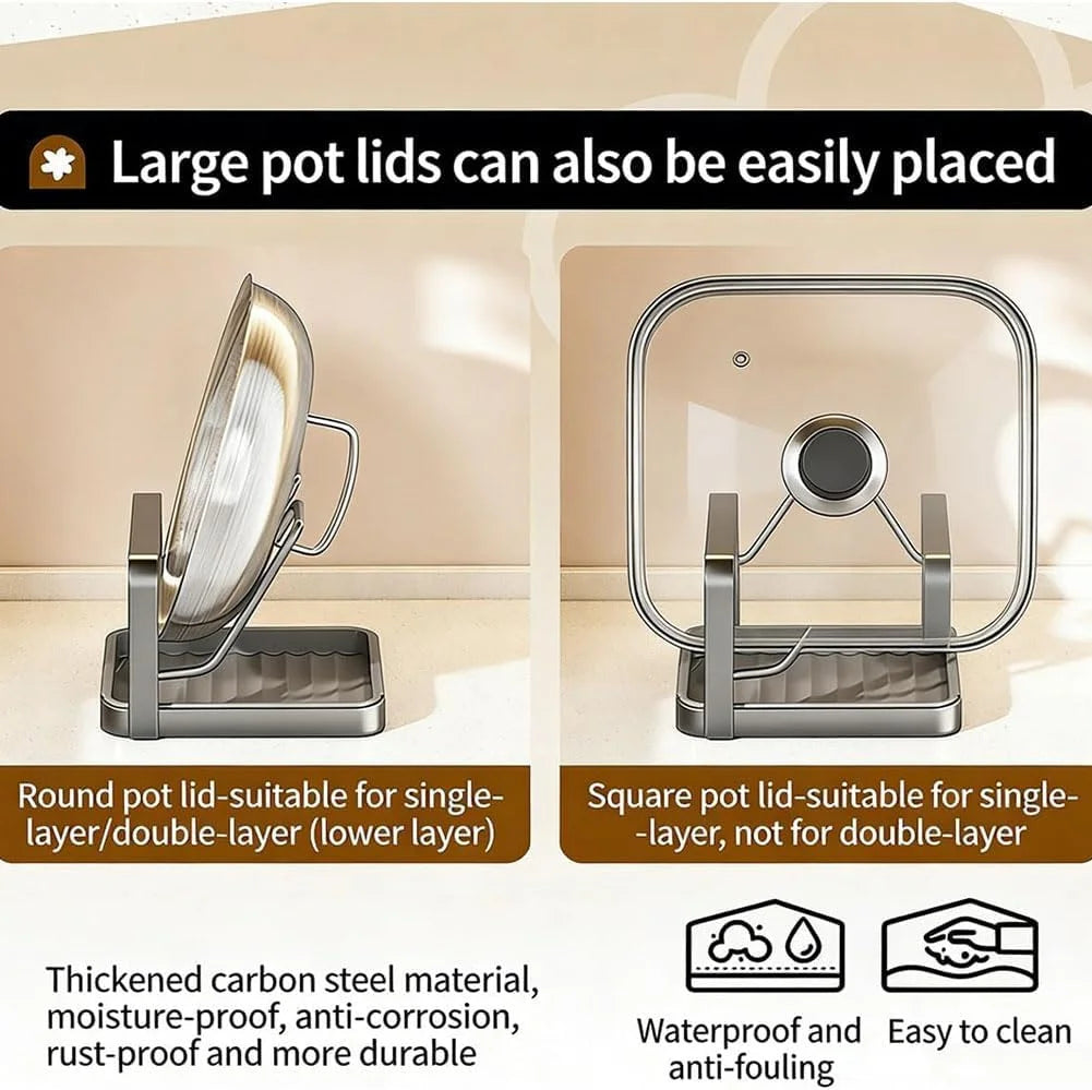 Kitchen Pot Lid Storage Rack Stainless Steel Pot Lid Holder While Cooking &amp; Spoon Rest Multifunctional Pot Lid Organizer with Removable Drip Tray for Countertop Space-Saving Lid Rack