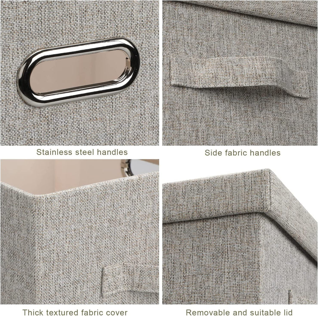 Medium 15" 21 Quart Collapsible Stackable Storage Bins with Lids 5 Packs Beige Foldable Fabric Closet Boxes Heavy-duty Lidded Linen Cube Baskets Container Organizers and Storage