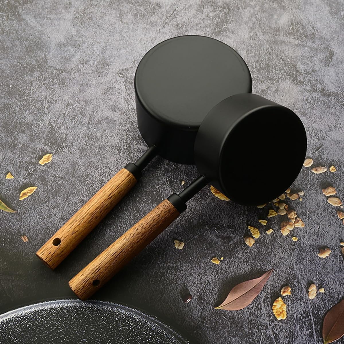 8 pieces Black Measuring Cups Set and Measuring Spoons Set with Scale Wooden Handle Stainless Steel Dry &amp; Liquid Measuring Cup for Cooking Baking