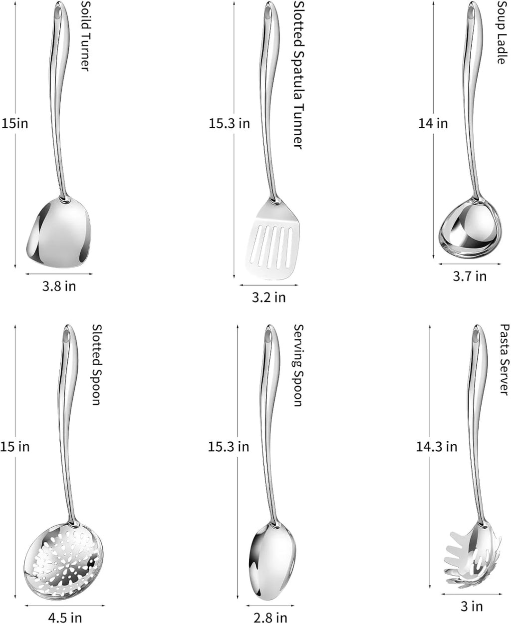 304 Stainless Steel Cooking Utensils Set,6 Pcs Long Metal Kitchen Utensils Set with Spatula Solid Spoon Ladle Skimmer Spaghetti Spoon,Dishwasher Safe