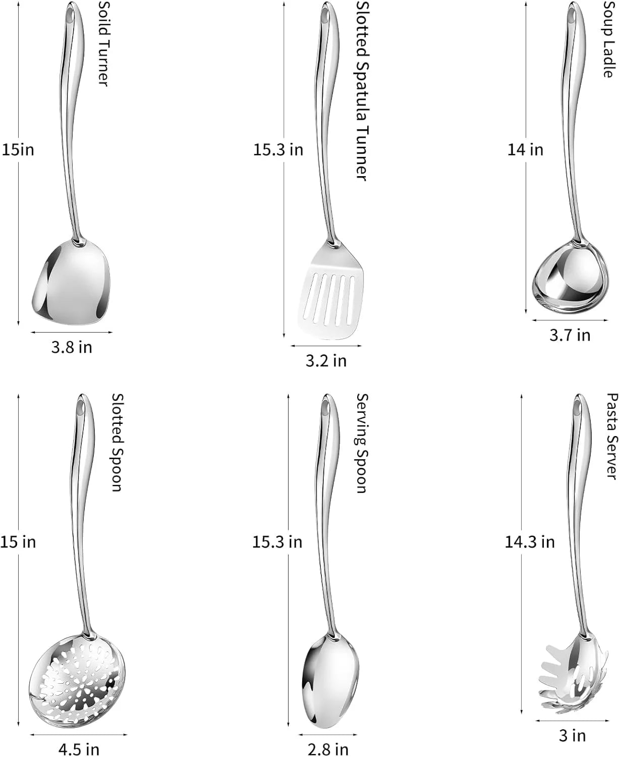304 Stainless Steel Cooking Utensils Set,6 Pcs Long Metal Kitchen Utensils Set with Spatula Solid Spoon Ladle Skimmer Spaghetti Spoon,Dishwasher Safe