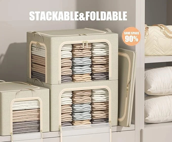 3 Openings Clothes Storage Bins with Metal Frame Foldable Storage Bin for Clothes Clothing Storage Bins with Lid Linen Storage Box With Clear Window＆ Zippers＆ Durable Handles.(3 Pcs,Beige,40L)