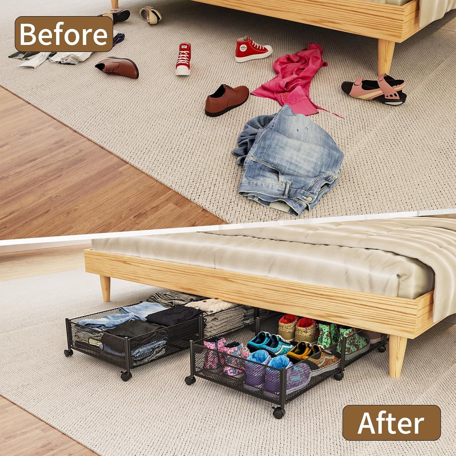 47.2'' Long Under Bed Storage on Wheels 57.6L Large Capacity Rolling Under the Bed Storage Containers Tool-Free Assembly Foldable Underbed Shoes Clothes Toy Drawers