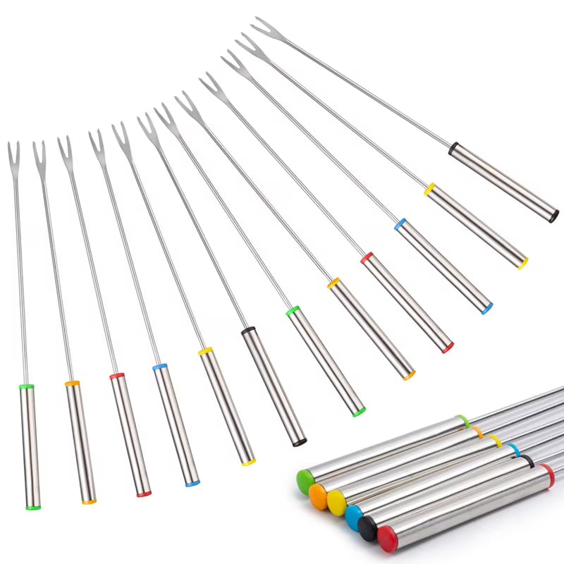12PCS 9.5 Inch Color-Coded Stainless Steel Fondue Forks Cheese Fork Fruit with Heat-Blocking