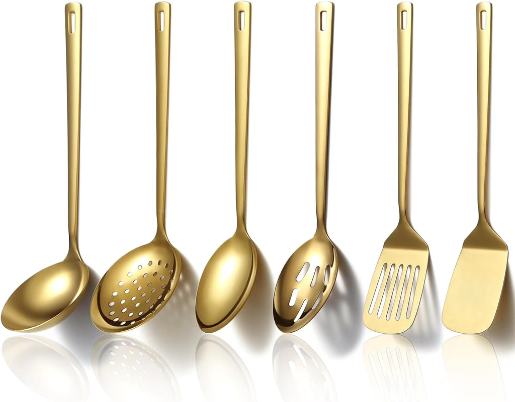 Gold Kitchen Utensils Set 6pcs Titanium Plating Stainless Steel Cooking Utensils Set Heavy Duty Kitchen Tools Spatulas Set Home Essentials Kitchen Gadgets Accessories