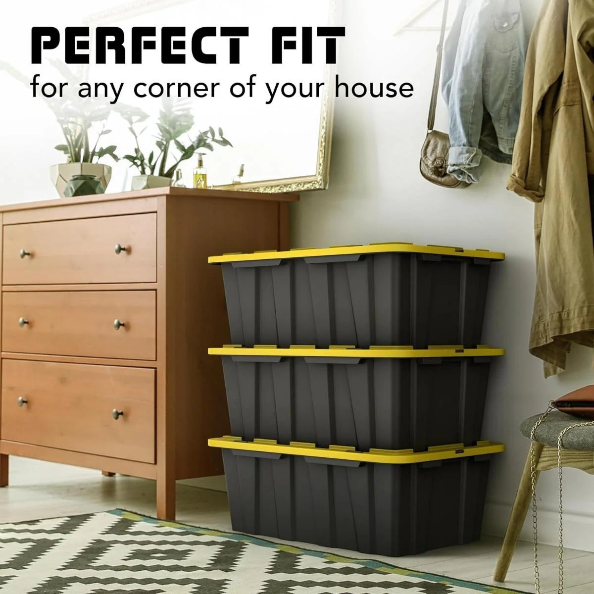 8 PACK of Medium 12 Gallon Plastic Storage Bin Tote Organizing Container with Ultra Durable Secure Latching Lids Stackable Extra Strength Clear with Built in Handle - Black and Yellow