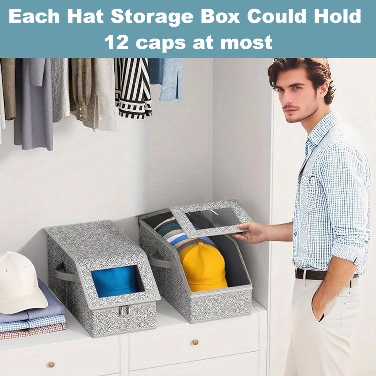 4 PCS Stackable Hat Storage for Baseball Caps Hat Storage Boxes for Closet Holds up to 12 Caps with Cardboard Hat Organizer for Women &amp; Men (Grey)
